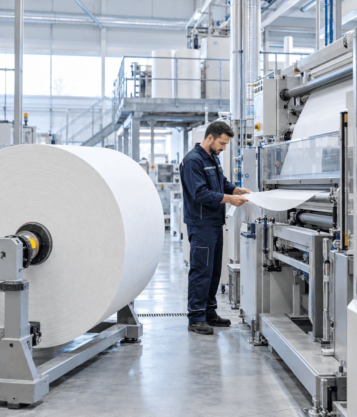 Operator care verifică hârtia tissue pe o linie modernă de producție